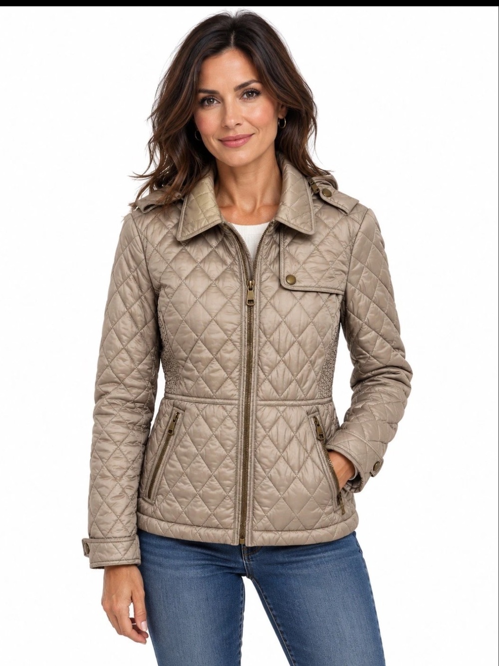 Burberry Brit Women's Taupe Quilted Jacket Removable Hood Full Zip Size Medium